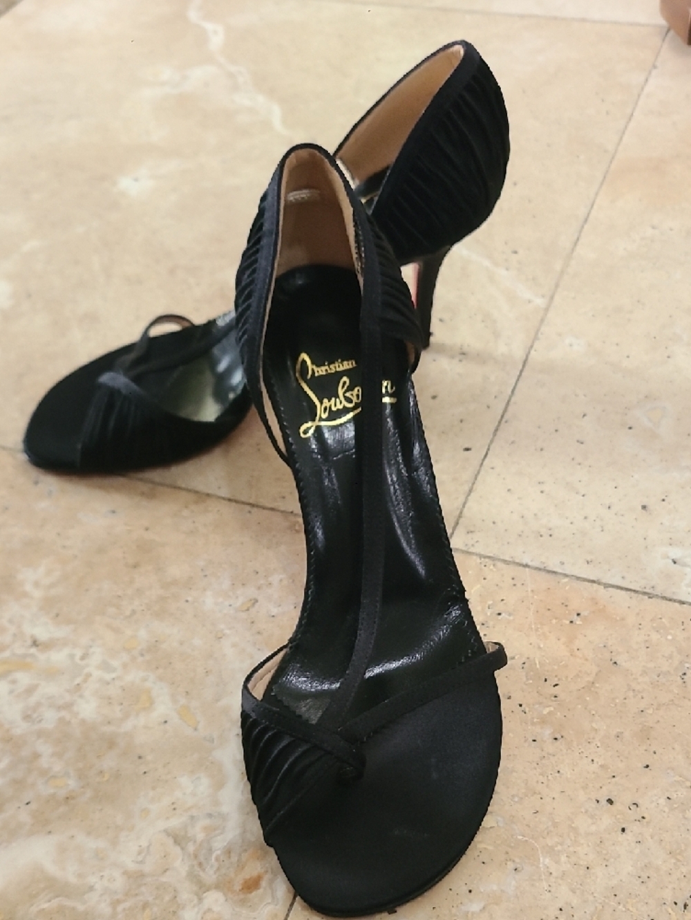 Christian Louboutin Black Satin Ruched Strap Heels RARE MODEL VINTAGE!!.